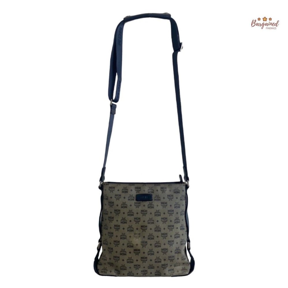Authentic MCM Navy Monogram Coated Canvas Leather Messenger Crossbody Bag